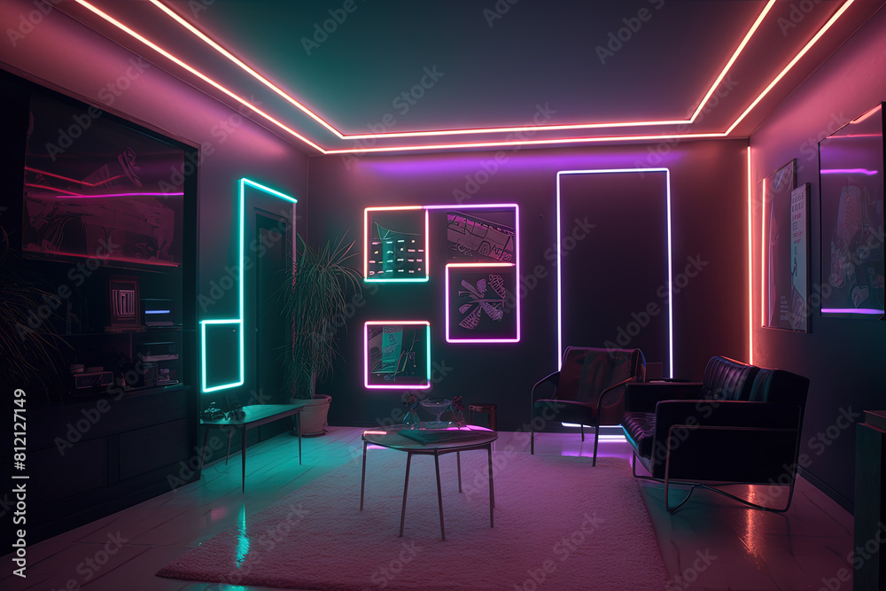 Synthwave style neon room. Retro interior in 80s style with neon lights. Synthwave style neon room. Retro interior in 80s style with neon lights.