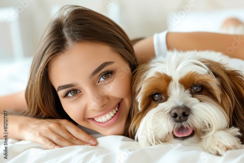 Happy woman cuddling fluffy dog, taking pet selfie for cherished memories, pet companion concept