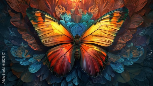 The image is a beautiful butterfly with vibrant colors. The butterfly is surrounded by colorful and detailed patterns.