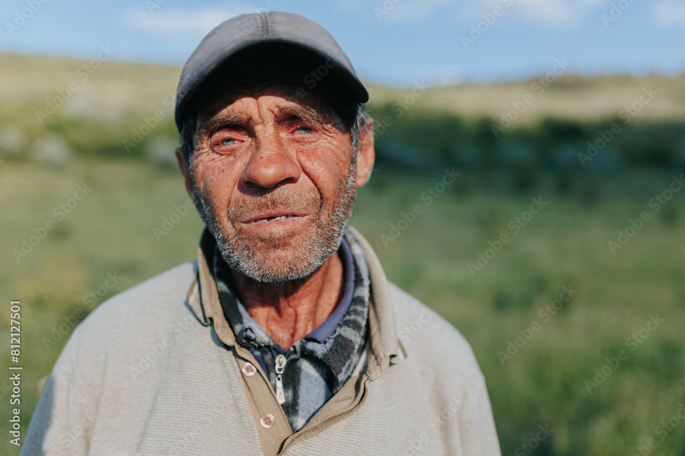 Portrait of Wisdom Senior Peasant Man Farmer Stands Amidst Fields Portrait of Wisdom Senior Peasant Man Farmer Stands Amidst Fields