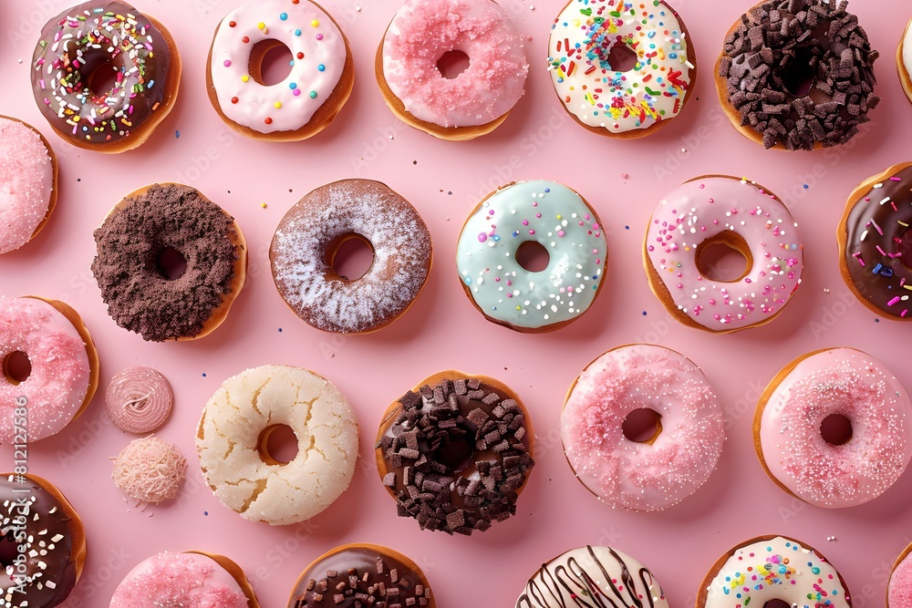 Delightful donuts, irresistible choices for snacking or dessert, best culinary garnished with sweet powdered sugar, chocolate, biscuit crumbs, and cream. Delightful donuts, irresistible choices for snacking or dessert, best culinary garnished with sweet powdered sugar, chocolate, biscuit crumbs, and cream.
