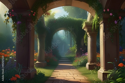 beautiful secret fairytale garden with flower arches and colorful greenery. Digital Painting Background, Illustration. Generative AI 