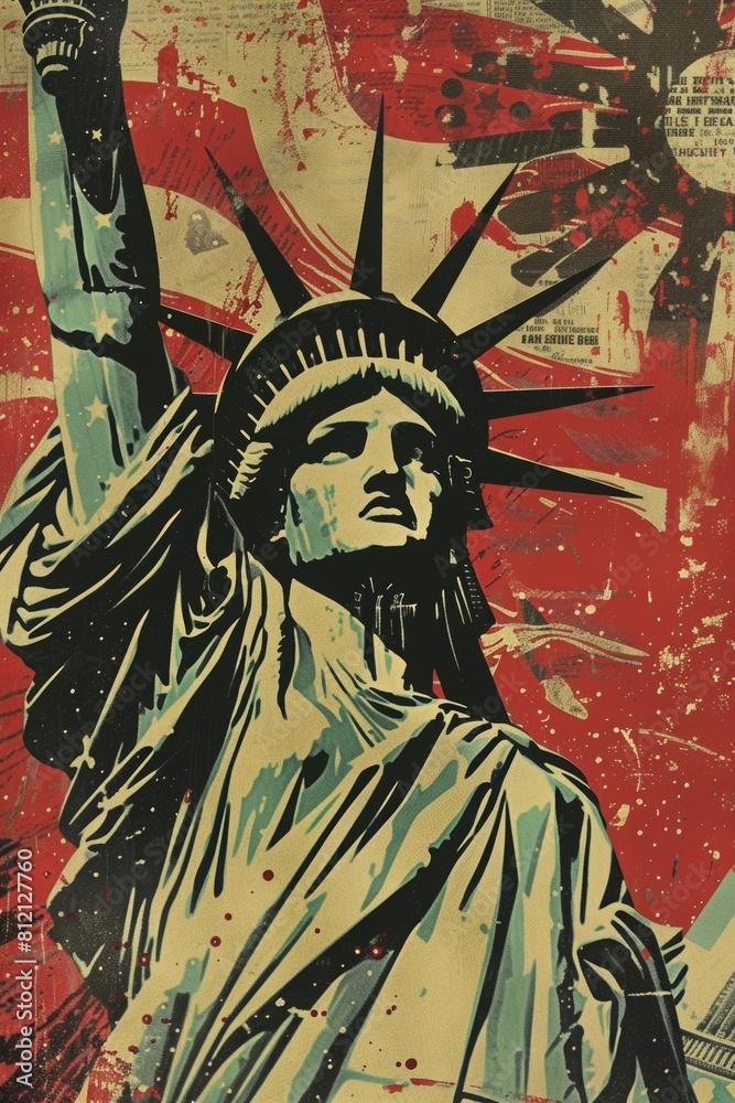 Naklejka premium United Stated independence day. USA. Statue of Liberty, fourth of July. A digital illustration featuring the Statue of Liberty. 4th of July
