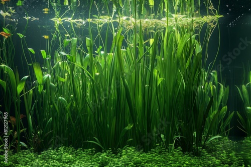 Hardy Aquatic plant vallisneria. Green and abundant waterweed with micro flora. Generate AI photo