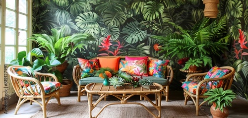 Immersive Rainforest Living Room Decor with Potted Ferns and Bromeliads - Transform Your Space Into a Tropical Oasis! photo