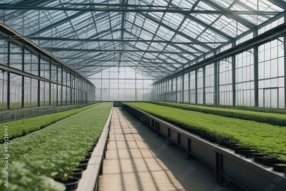 Spacious greenhouse filled with rows of fresh plants under a glass roof