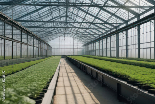 Spacious greenhouse filled with rows of fresh plants under a glass roof