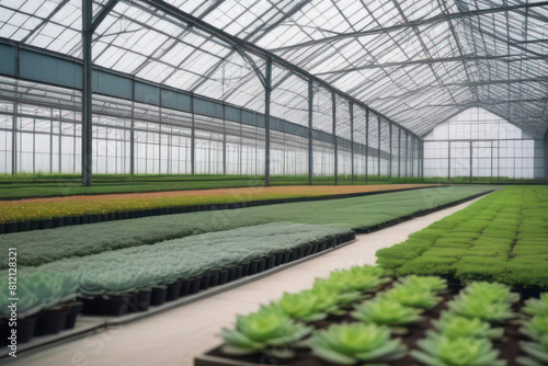 Spacious greenhouse filled with rows of fresh plants under a glass roof