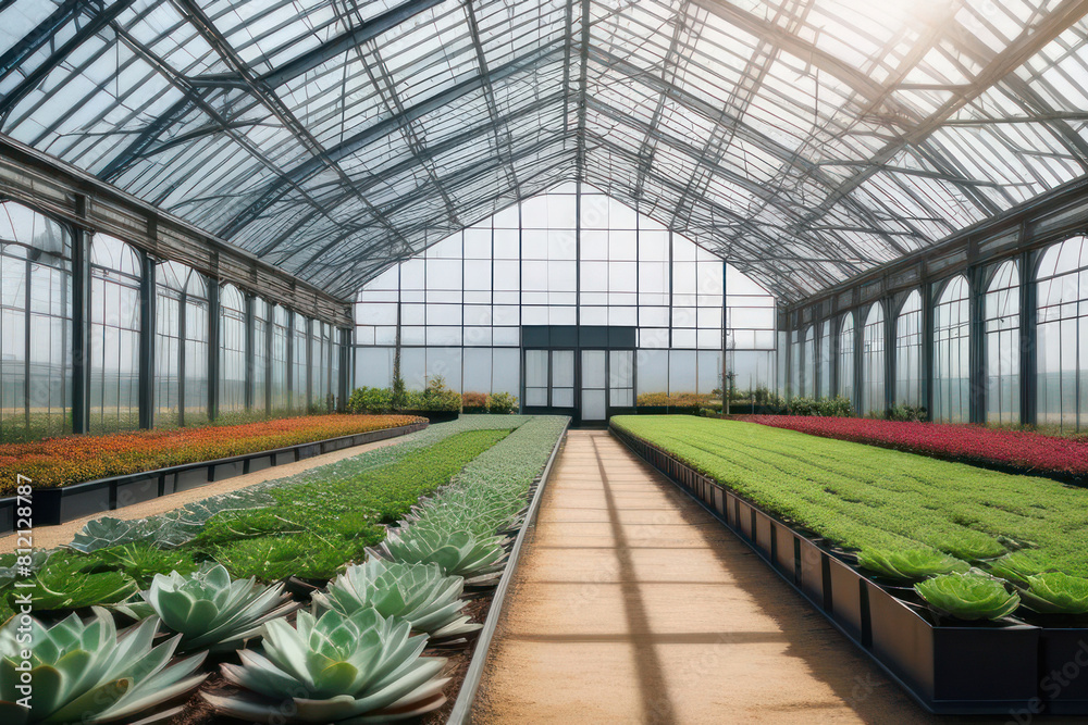 Spacious greenhouse filled with rows of fresh plants under a glass roof Spacious greenhouse filled with rows of fresh plants under a glass roof