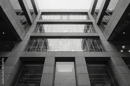 Architectural facade of a building featuring straight lines and a grayscale palette  highlighting modern aesthetics 