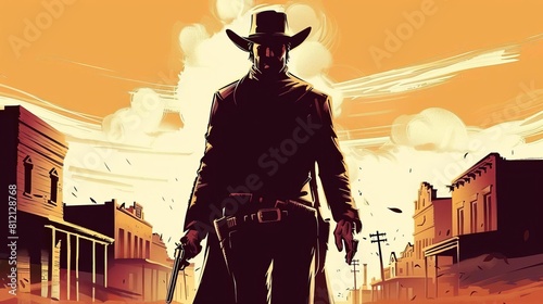 wild west cowboy ready for gunfight duel in empty town western movie scene digital illustration photo