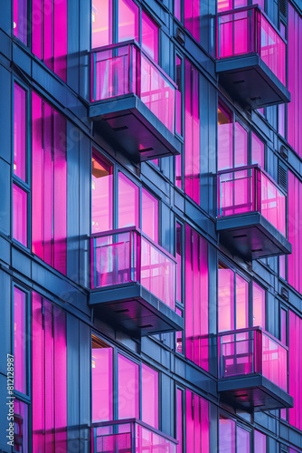 Eco-friendly building facade with ultraviolet solar panels  pink windows  and grey structural elements 