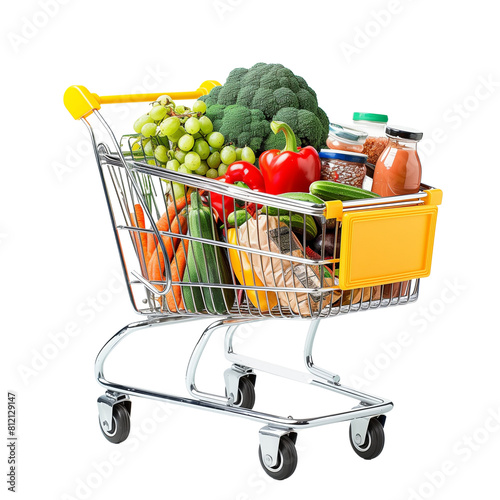 Huge Wire shopping basket with groceries fruits Grocery cart filled with fruits isolated on transparent background  shopping concept	