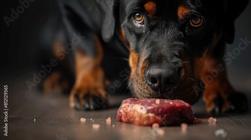 A rottweiler standing over a piece of raw venison, with all other elements out of focus, showcasing the dog's intense interest in the food