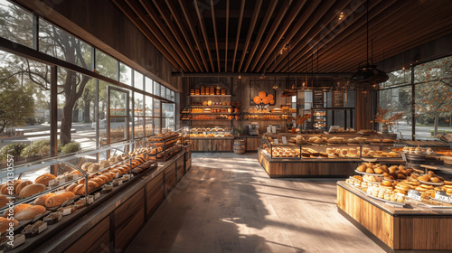A trendy, modern bakery with a sleek, industrial-chic design, featuring a stunning, floor-to-ceiling pastry display