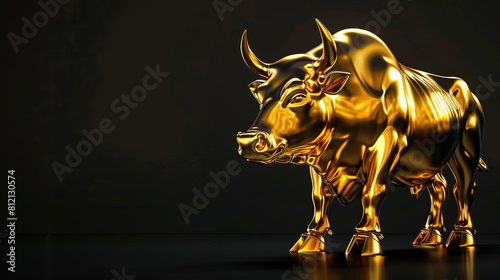 powerful gold bull statue against black background financial market concept illustration
