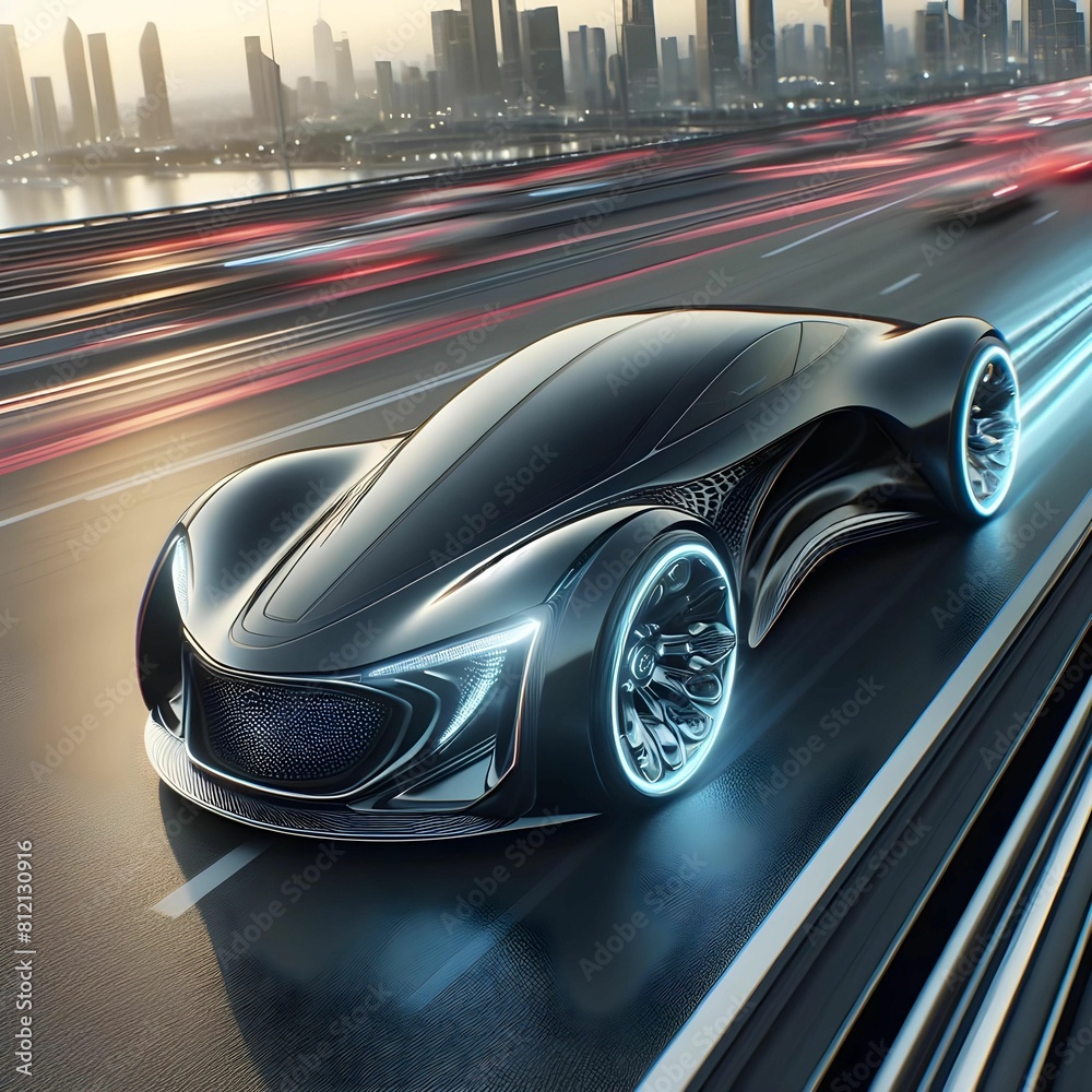 Sleek, futuristic car, zooming down highway, CGI render Sleek, futuristic car, zooming down highway, CGI render