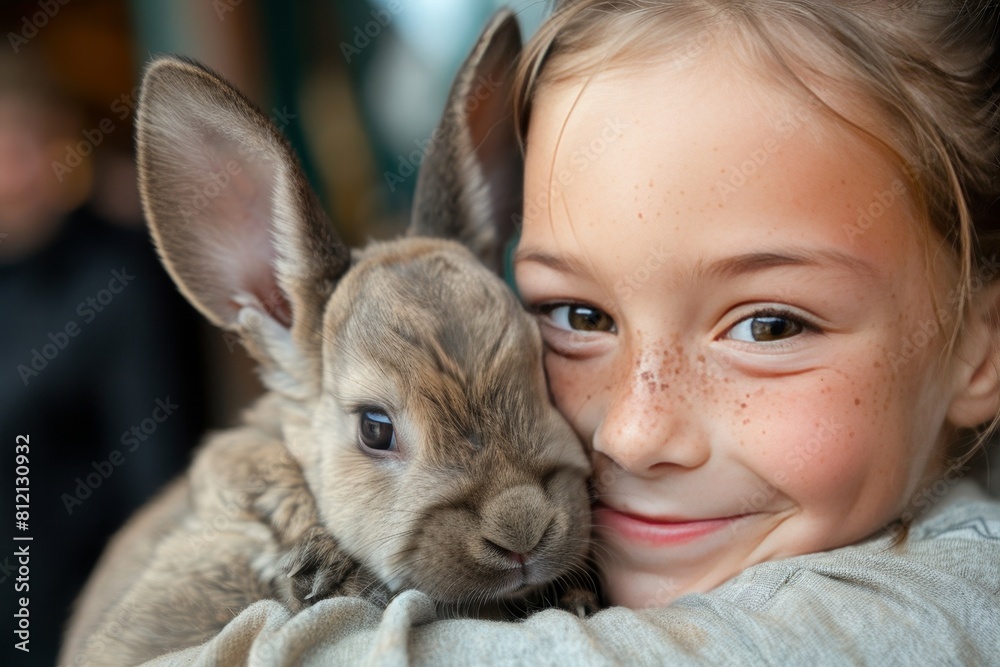 Close-up of a smiling happy little girl with freckles hugging a gray rabbit Close-up of a smiling happy little girl with freckles hugging a gray rabbit