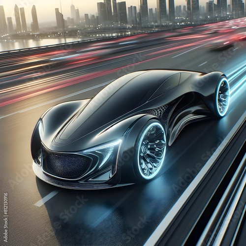 Sleek, futuristic car, zooming down highway, CGI render © Alper