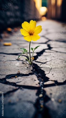 Yellow flower grows through concrete cracks. © VISUAL BACKGROUND