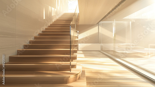 Artistic wooden staircase with glass accents in a state-of-the-art luxury home emphasizing minimalist design