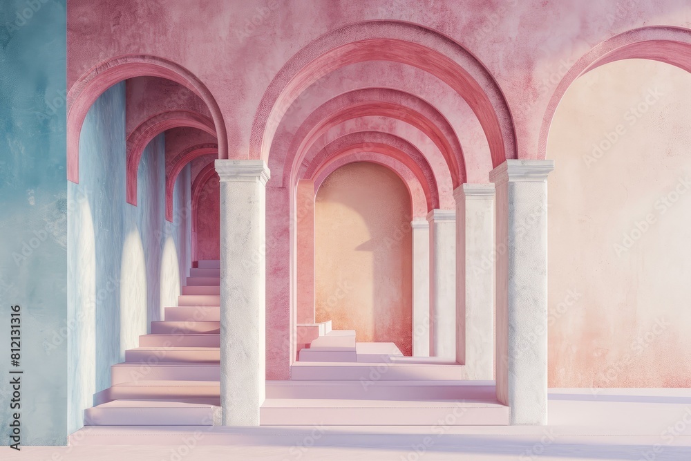Serene archway corridor with pastel pink and blue hues and a sunlit staircase