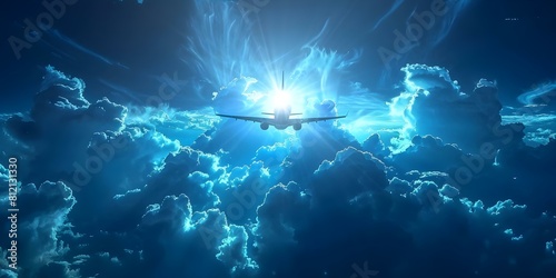 Sun shines through clouds as a plane crosses the sky. Concept Sky  Sun  Plane  Clouds  Nature