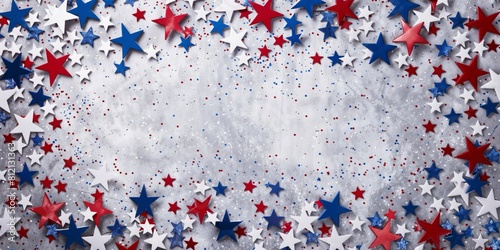 Glittery flat lay frame of metallic red, white and blue stars on rustic grey backdrop. Festive celebratory background banner for patriotic events like Fourth of July promotions or election campaigns