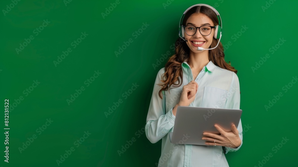 Smiling Woman with Headset and Laptop