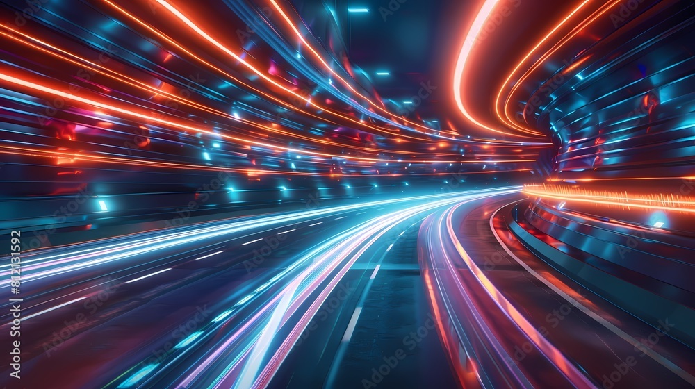 Neon lit tunnel with vibrant light trails Neon lit tunnel with vibrant light trails