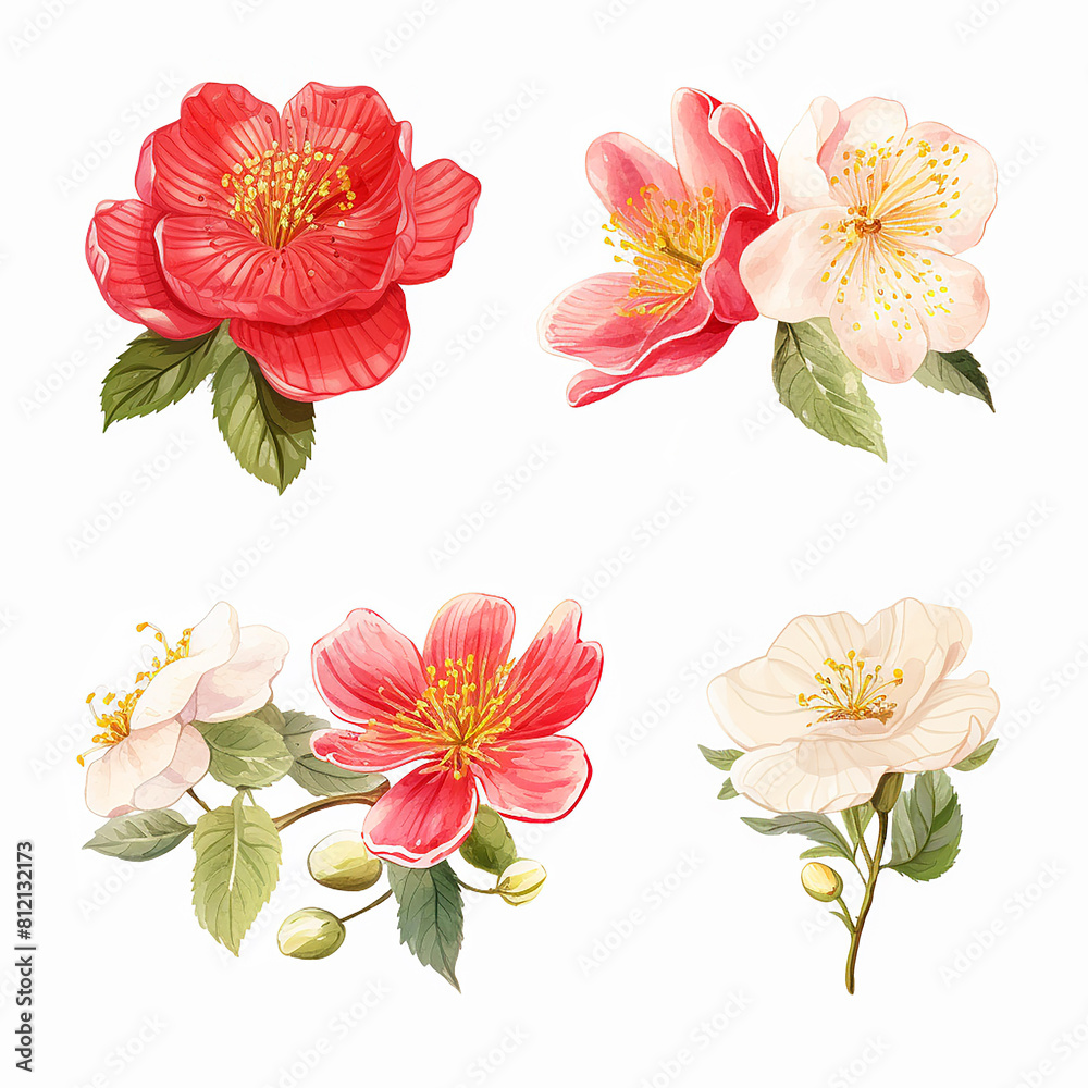 Set of blooming pink flowers with buds and green leaves on a white background