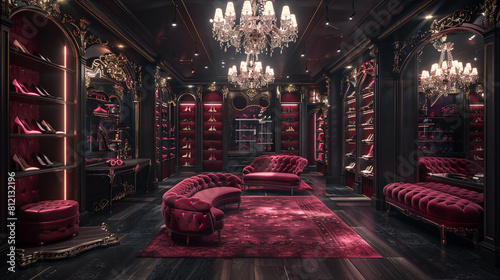 A luxurious shoe store with velvet-covered walls and crystal chandeliers photo
