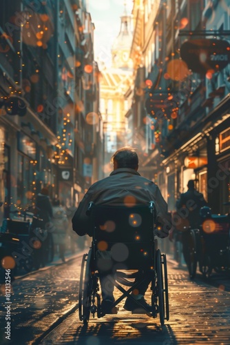 disabled person in a wheelchair rides down the street  Generative AI