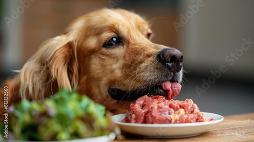 A Saluki gently licking a mix of raw beef and lamb, displayed on a simple beige background to emphasize the natural diet