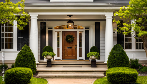 Entrance to house with large porch. Green plants and hedges well maintained with spring or summer appearance. White, black, green, with concrete, siding and wooden door. 