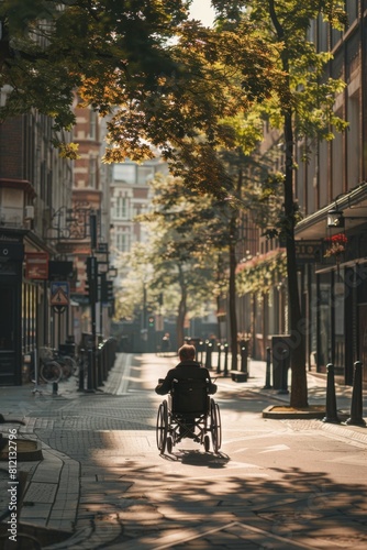 disabled person in a wheelchair rides down the street  Generative AI © Evghenii