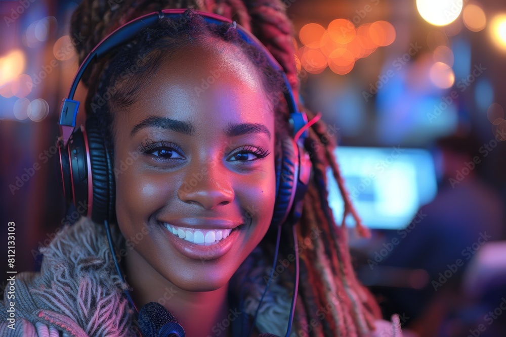 A radiant young woman with braided hair smiles wearing headphones, illuminated by dazzling neon lights A radiant young woman with braided hair smiles wearing headphones, illuminated by dazzling neon lights