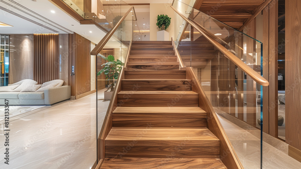 Chic luxury home interior featuring a wooden staircase with glass railings leading to a sophisticated upper level Chic luxury home interior featuring a wooden staircase with glass railings leading to a sophisticated upper level