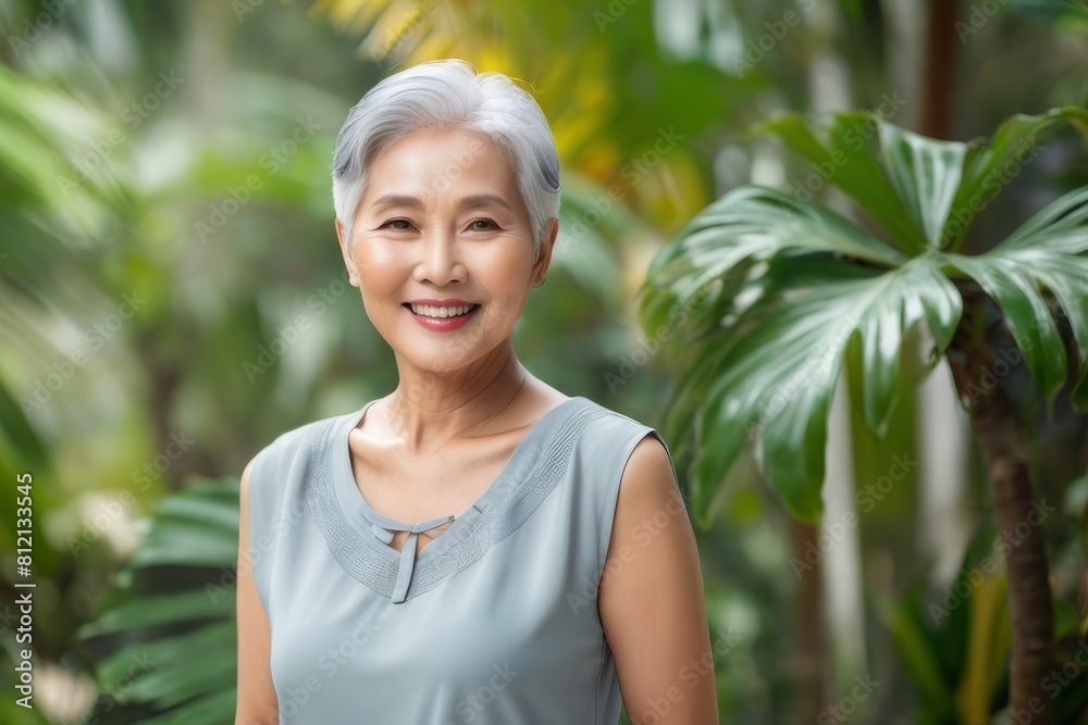 Portrait of a beautiful elderly Asian woman on vacation in the tropics. A place for text, a banner for advertising. Portrait of a beautiful elderly Asian woman on vacation in the tropics. A place for text, a banner for advertising.