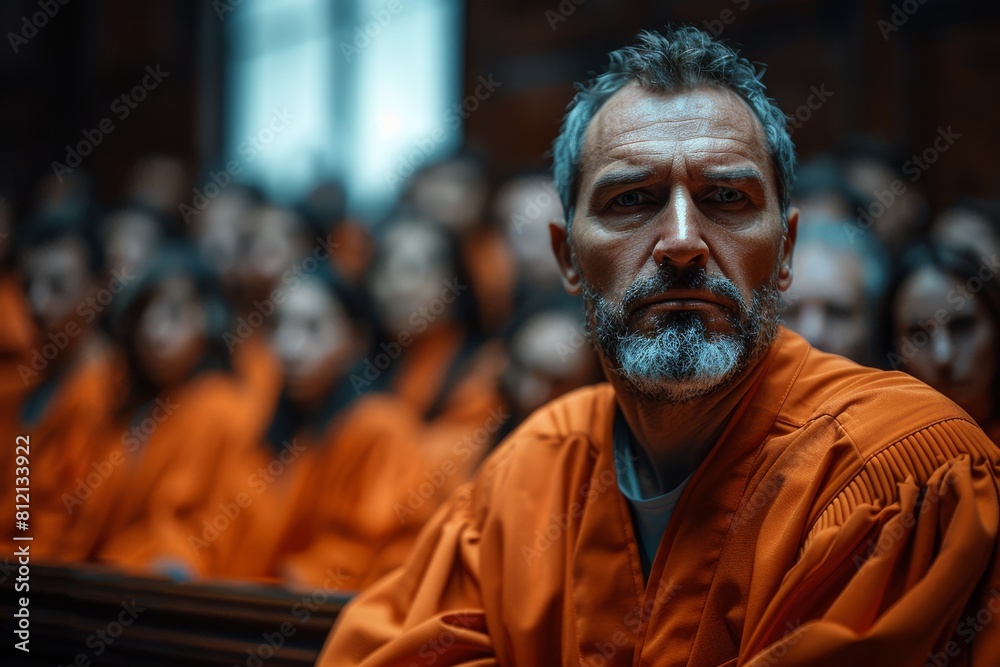 Man in orange clothing with a grey beard appears to be lost in thought amidst a crowd at an event Man in orange clothing with a grey beard appears to be lost in thought amidst a crowd at an event