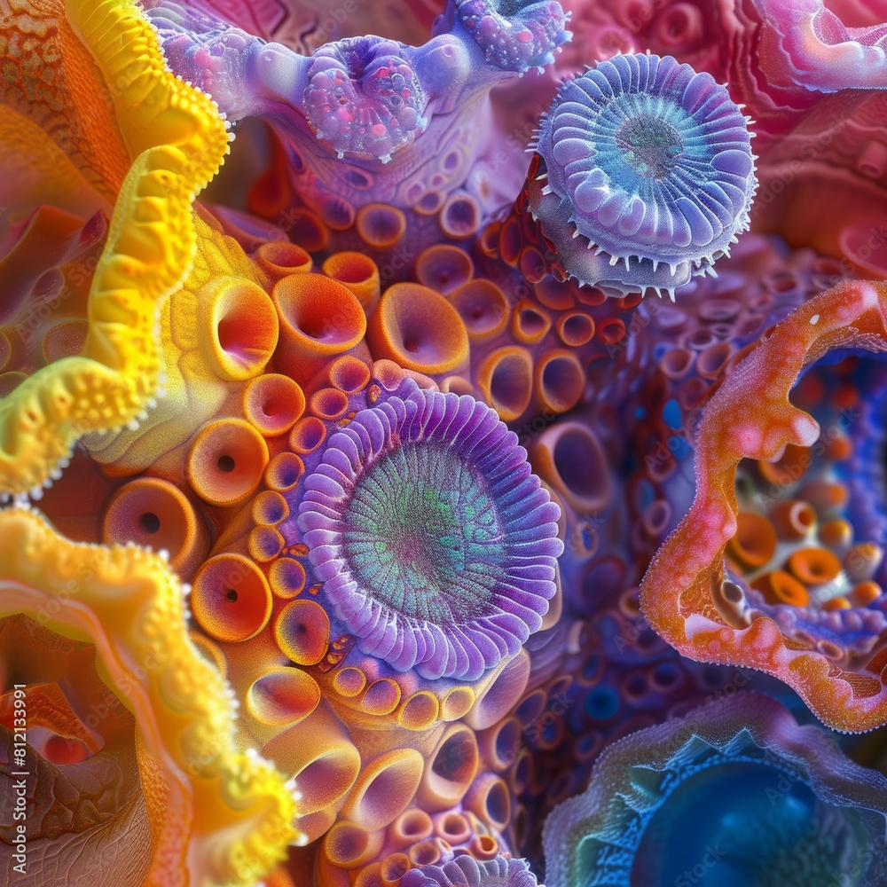 The image is an abstract painting of colorful coral. The colors are vibrant and the shapes are organic. The painting has a sense of movement and energy. The image is an abstract painting of colorful coral. The colors are vibrant and the shapes are organic. The painting has a sense of movement and energy.