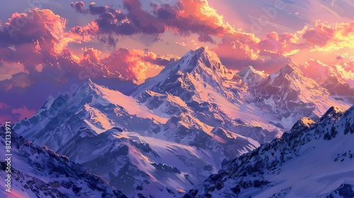 sunset over snowcapped mountains majestic winter landscape digital painting