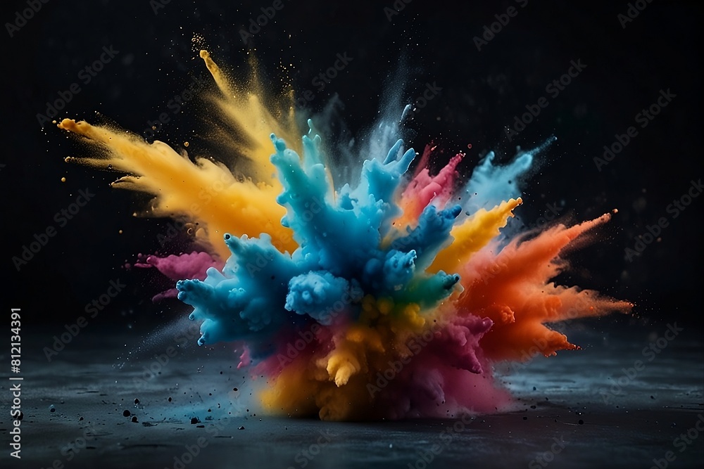 Obraz premium A vibrant burst of colorful powder frozen in mid-air against a clean background, creating an abstract and dynamic splatter of colored dust.
