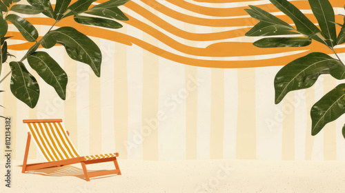 retro tropical beach scene with lounge chair and striped sunshade