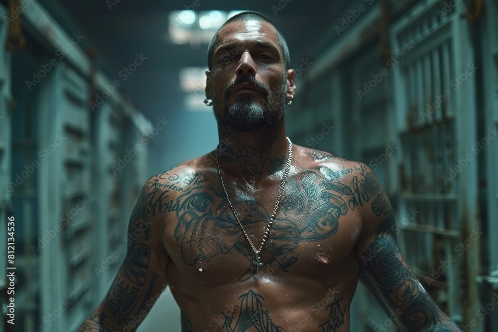 A commanding figure with tattoos stands in a prison-like corridor, face obscured for anonymity A commanding figure with tattoos stands in a prison-like corridor, face obscured for anonymity