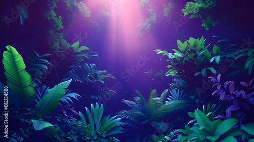 Captivating digital artwork of a serene light beam shining through a lush forest canopy, highlighting the vibrant and diverse tropical foliage © kaitong1006