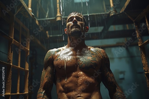 Moody lighting casts shadows on a tattooed man in midst of a shower, suggesting a narrative depth