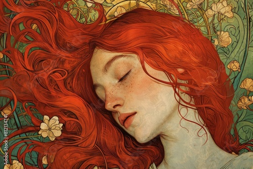 Mesmerizing Art nouveau woman redhaired. Modern face. Generate Ai