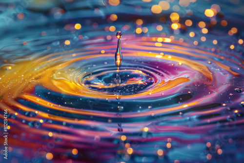 Diagram showing a drop of oil in water, creating colorful patterns due to light refraction and interference,