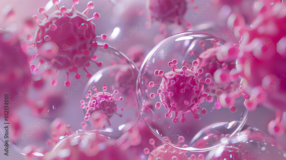 Pink bubbles with pink cells floating in the air.